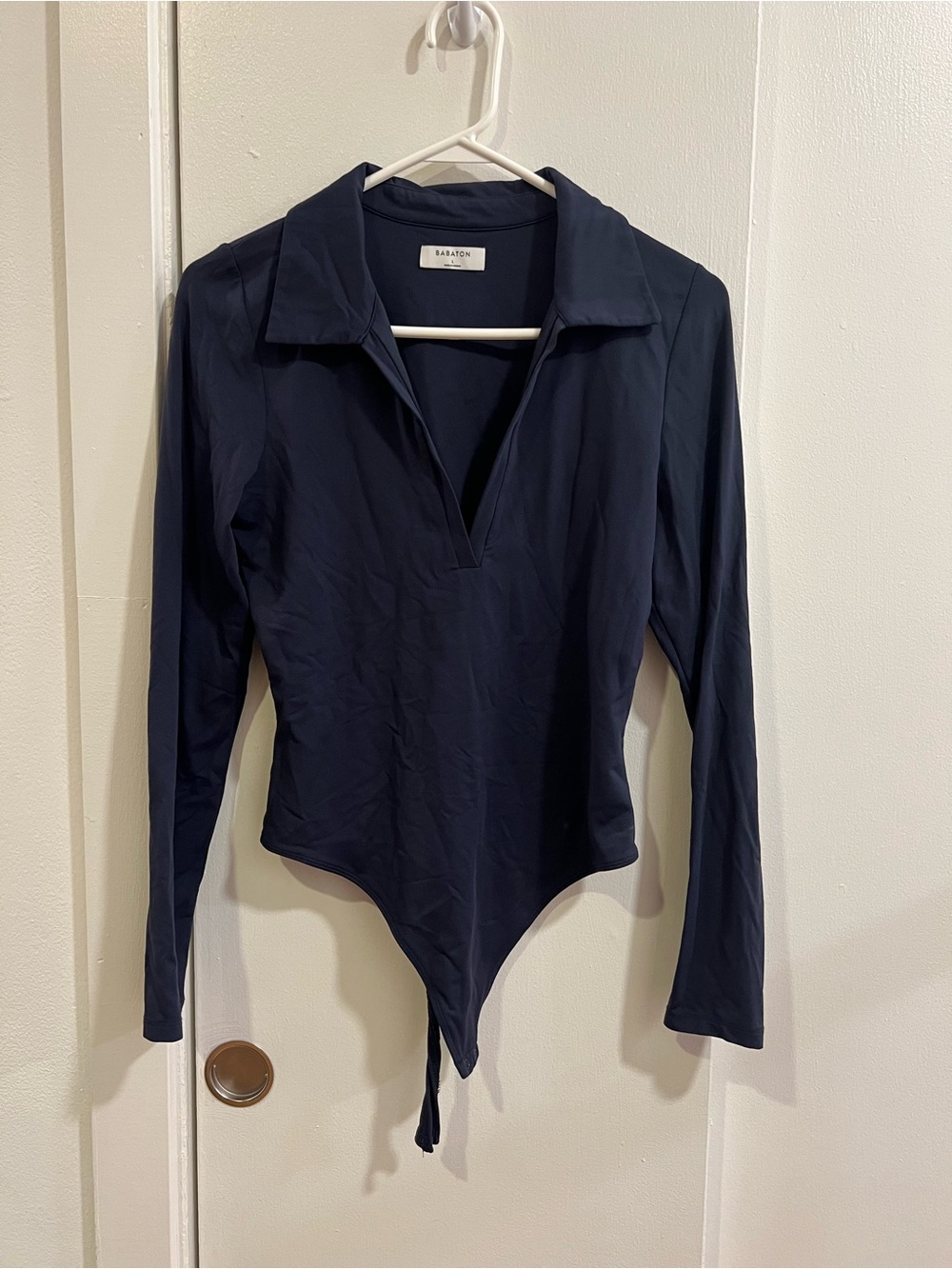Babaton Navy Long-Sleeve Collared V-Neck Bodysuit